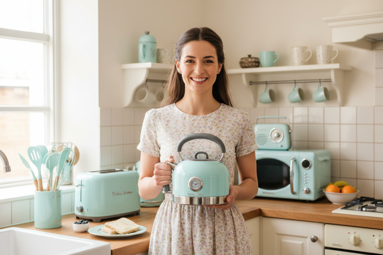 Młoda uśmiechnięta kobieta stojąca w kuchni urządzonej w stylu vintage. Kobieta trzyma w ręku miętowy czajnik. W tle sprzęty AGD w miętowym kolorze.