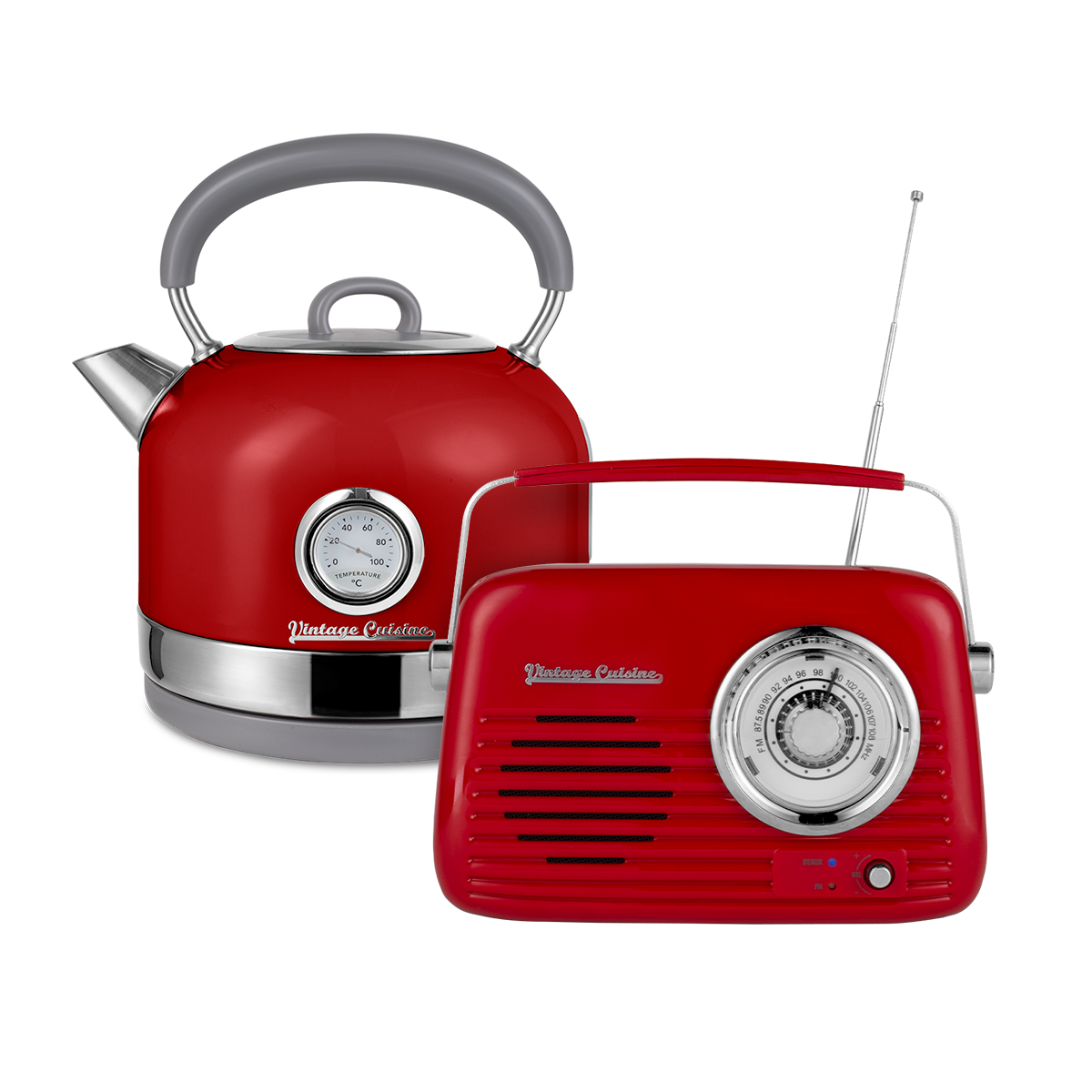 Zestaw melomana: retro radio chrom z głośnikiem bluetooth i retro czajnik elektryczny z termometrem Vintage Cuisine