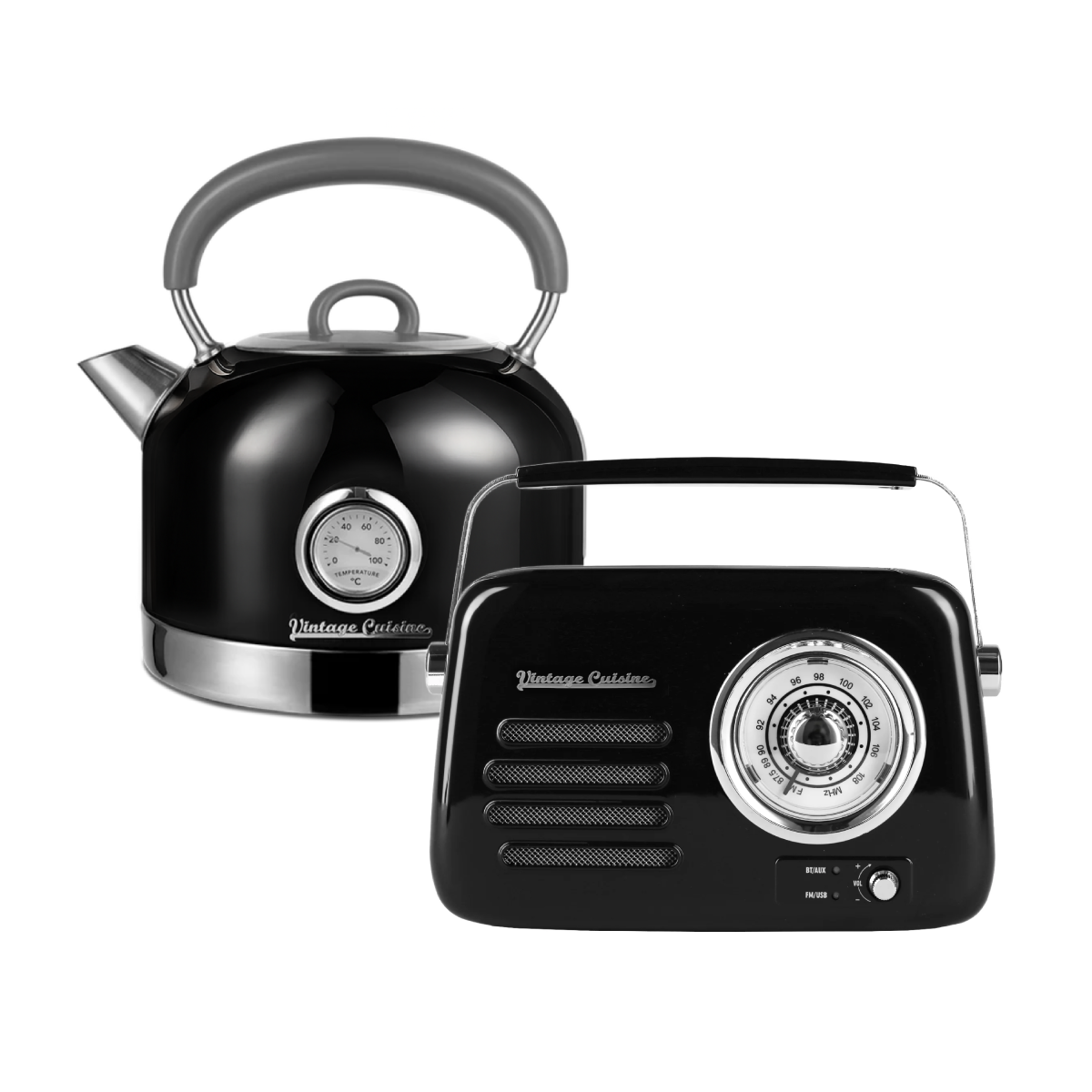 Zestaw melomana: retro radio chrom z głośnikiem bluetooth i retro czajnik elektryczny z termometrem Vintage Cuisine