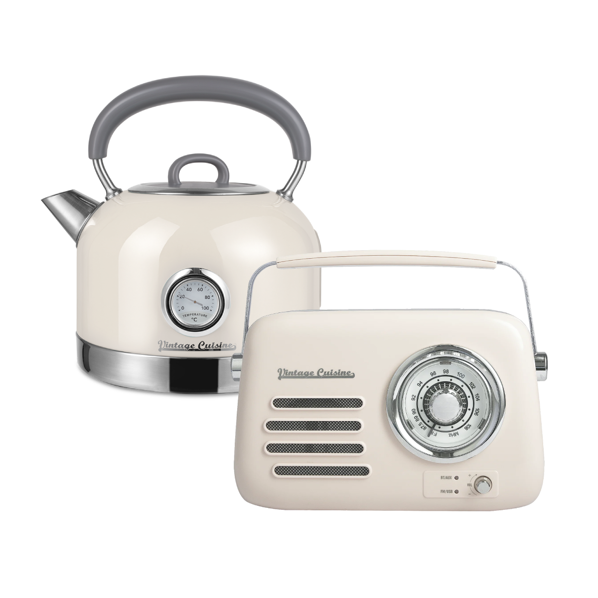 Zestaw melomana: retro radio chrom z głośnikiem bluetooth i retro czajnik elektryczny z termometrem Vintage Cuisine
