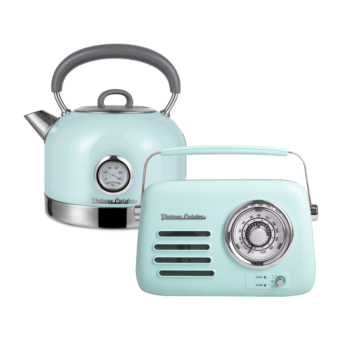 Zestaw melomana: retro radio chrom z głośnikiem bluetooth i retro czajnik elektryczny z termometrem Vintage Cuisine