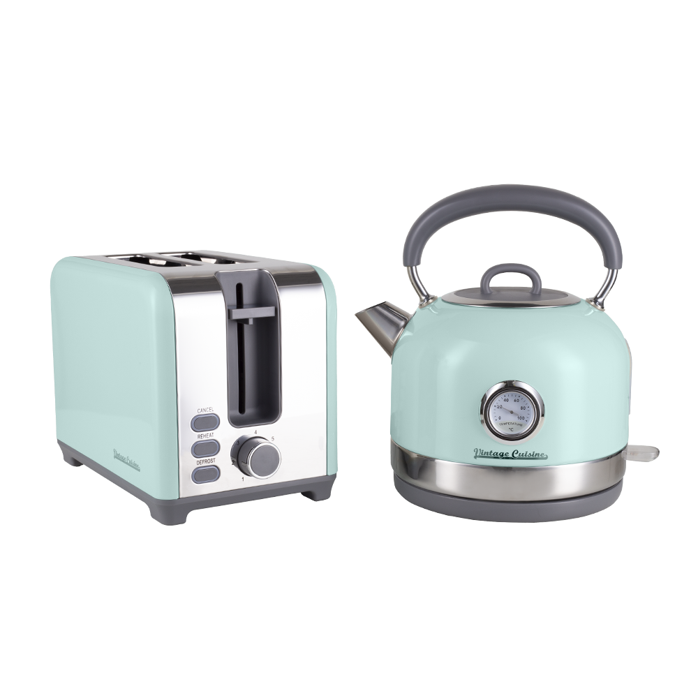 Retro Electric Kettle with Thermometer and Toaster with 2 Slots Vintag