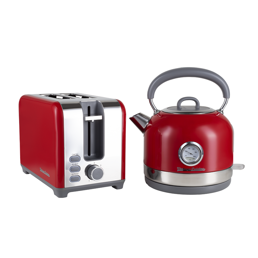 Retro Electric Kettle with Thermometer and Toaster with 2 Slots Vintage Cuisine