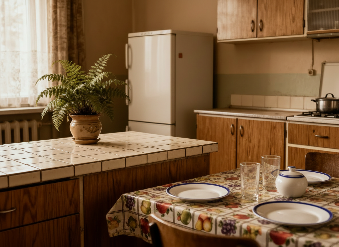 Kuchnia w stylu PRL. Stół przykryty ceratą w owocowy wzór. Na nim talerze i szklanki oraz cukiernica. Na wyspie kuchennej paprotka w doniczce.