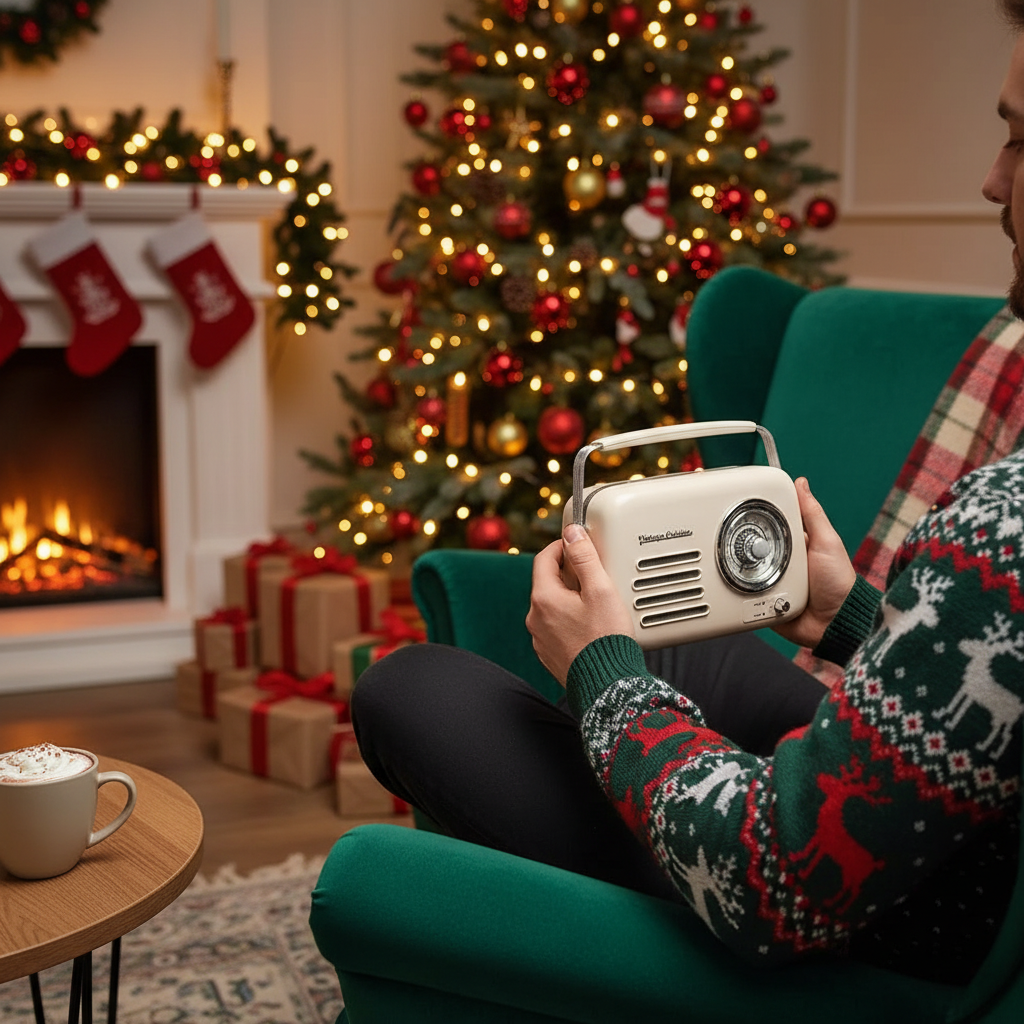 Tata trzyma otrzymany prezent świąteczny - radio Vintage.