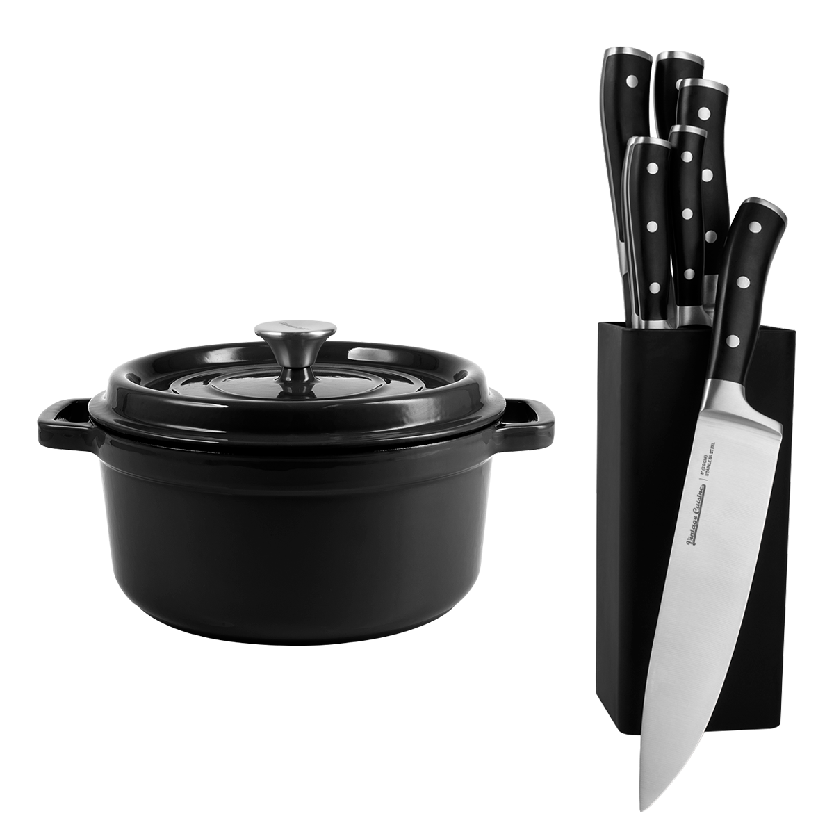 Chef's set: set of 7 kitchen knives with stand and cast iron pot with lid 4.3l