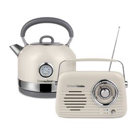 Music lover's set: retro chrome radio with Bluetooth speaker and retro electric kettle with thermometer