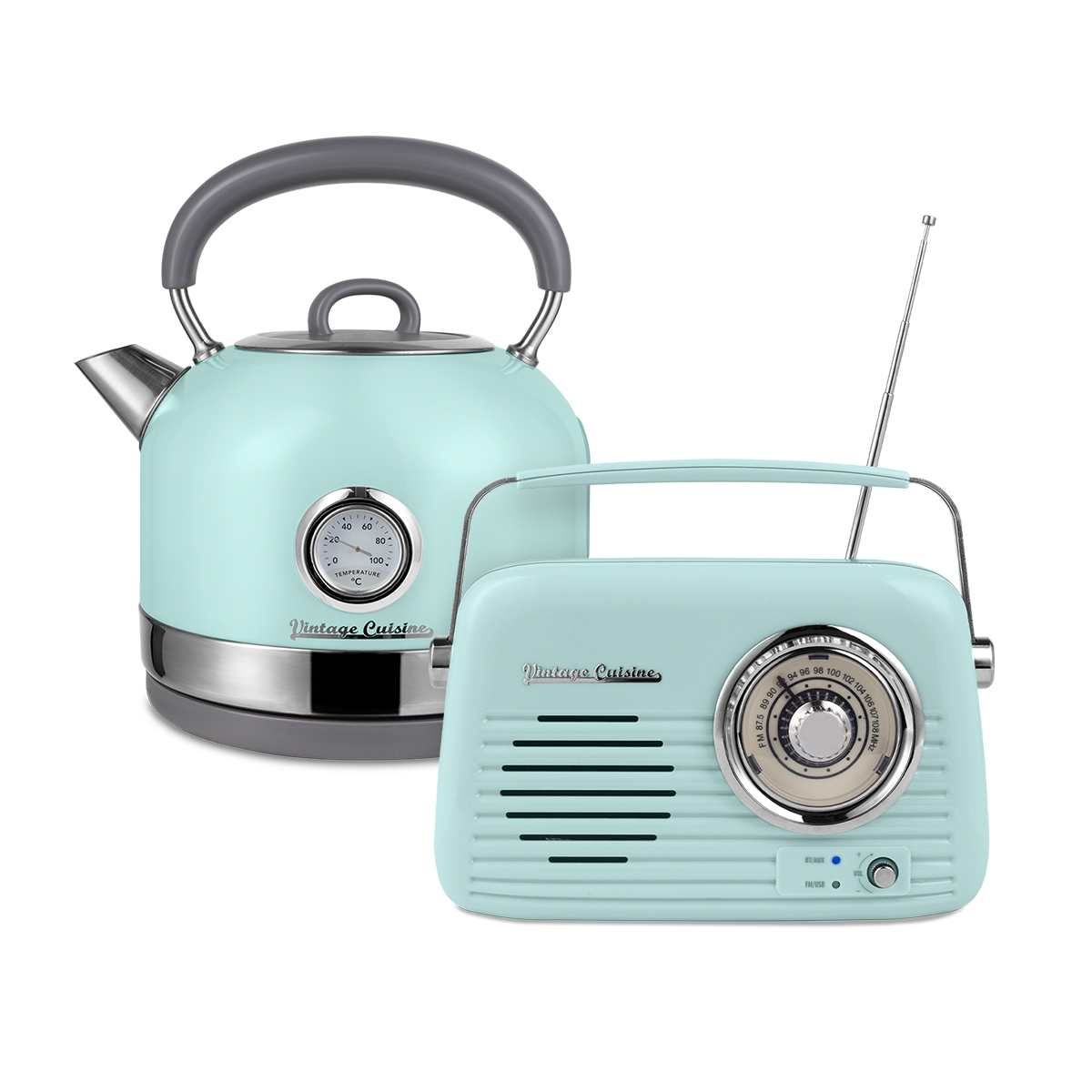 Zestaw melomana: retro radio chrom z głośnikiem bluetooth i retro czajnik elektryczny z termometrem Vintage Cuisine