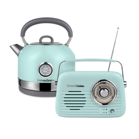 Zestaw melomana: retro radio chrom z głośnikiem bluetooth i retro czajnik elektryczny z termometrem Vintage Cuisine