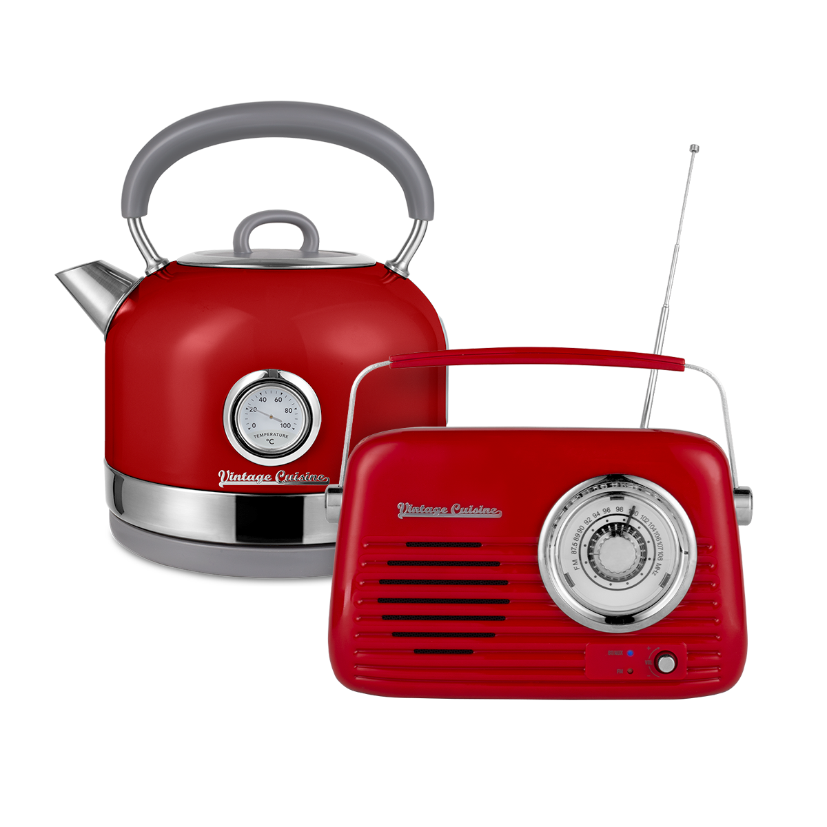 Music lover's set: retro chrome radio with Bluetooth speaker and retro electric kettle with thermometer