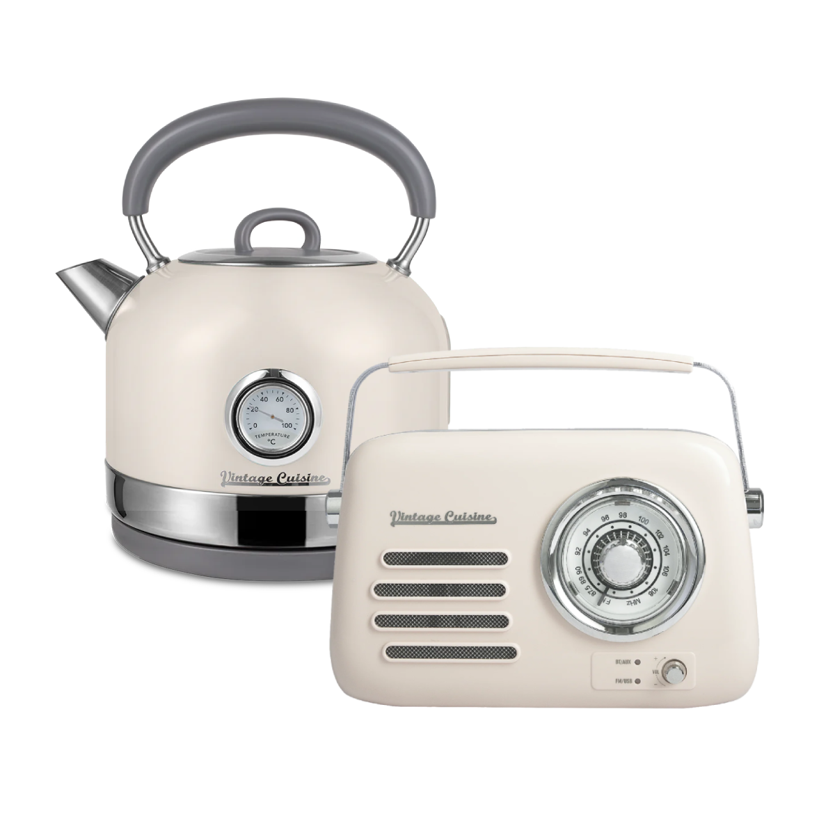 Music lover's set: retro chrome radio with Bluetooth speaker and retro electric kettle with thermometer