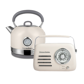 Music lover's set: retro chrome radio with Bluetooth speaker and retro electric kettle with thermometer